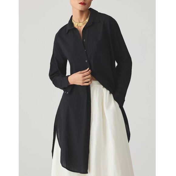 Anthropologie Maeve Textured Stripe Longline Shirt Black M - Picture 1 of 11